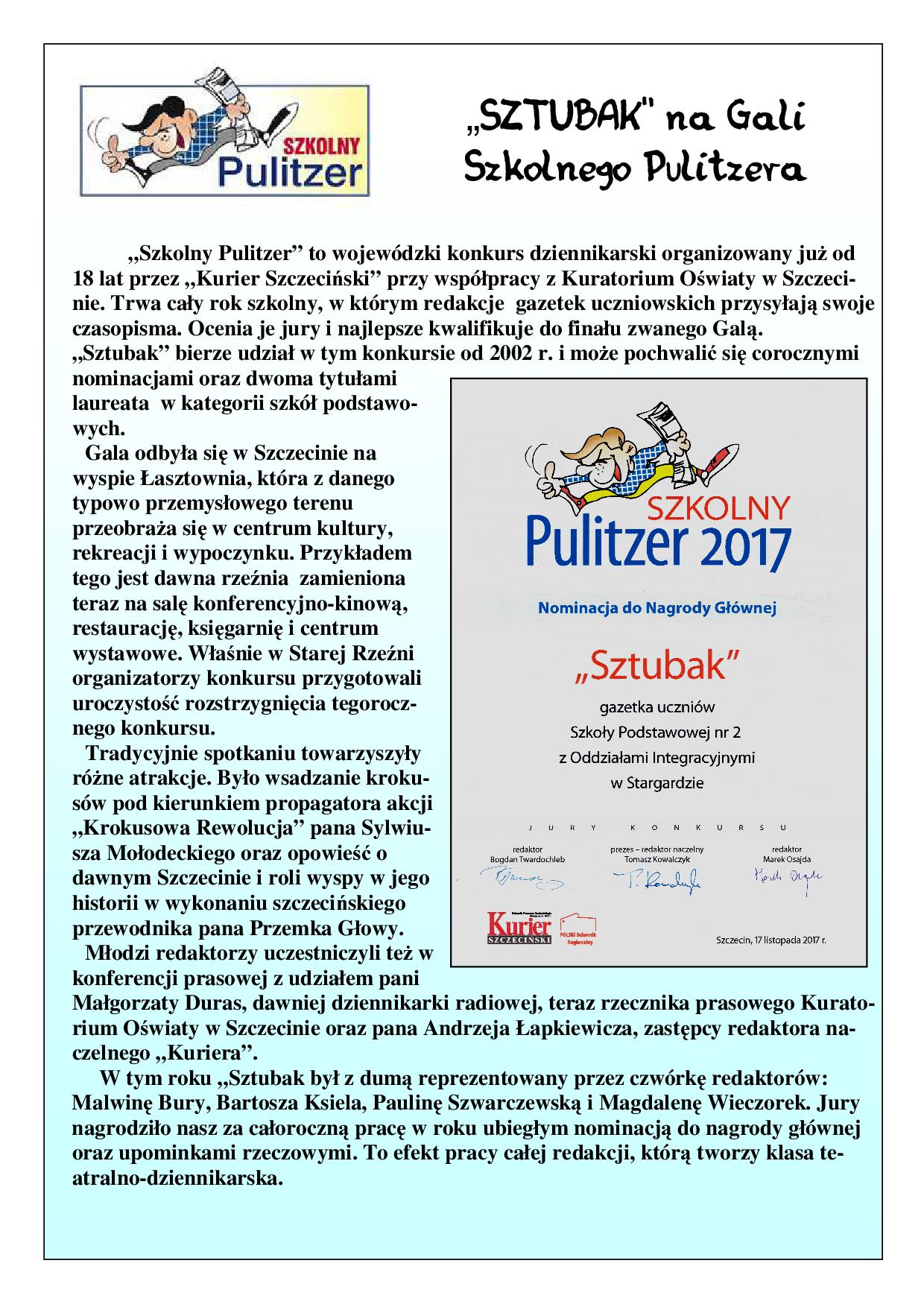 sztubak na gali szkolnego pulitzera